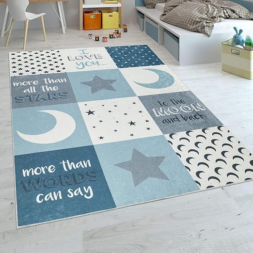 Paco Home Kinderteppich Kinderzimmer Jungen Waschbar Herzen Sterne Mond Spruch Blau Grau, Grösse:180x280 cm