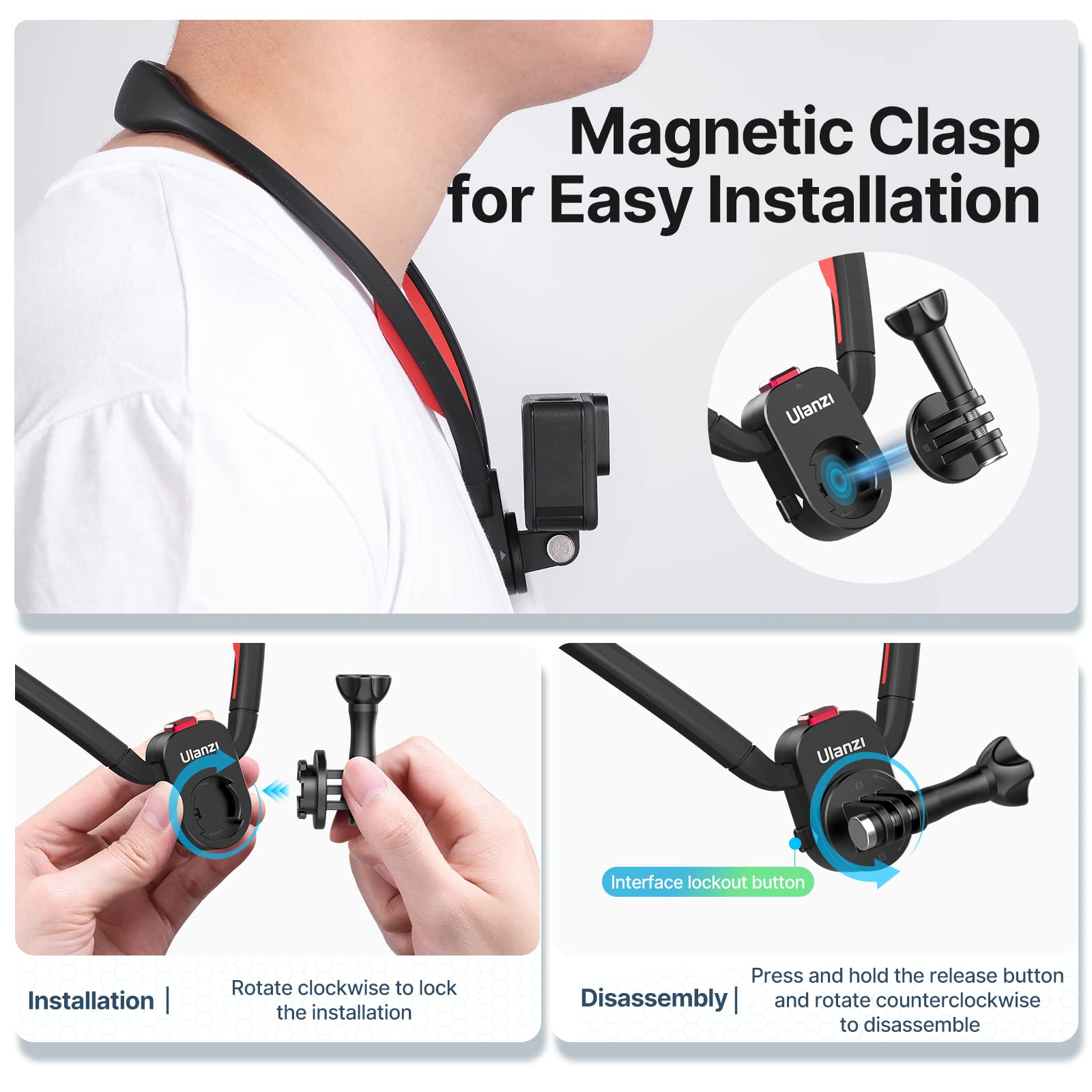 ULANZI Go Quick II Magnetic Neck Mount for Action Camera, One-Click Quick Release Design, Compatible with GoPro Hero 13/12/11, for Insta360 X5/X4/X3/Ace Pro 2, for DJI OSMO Action 5/4/3 Pro