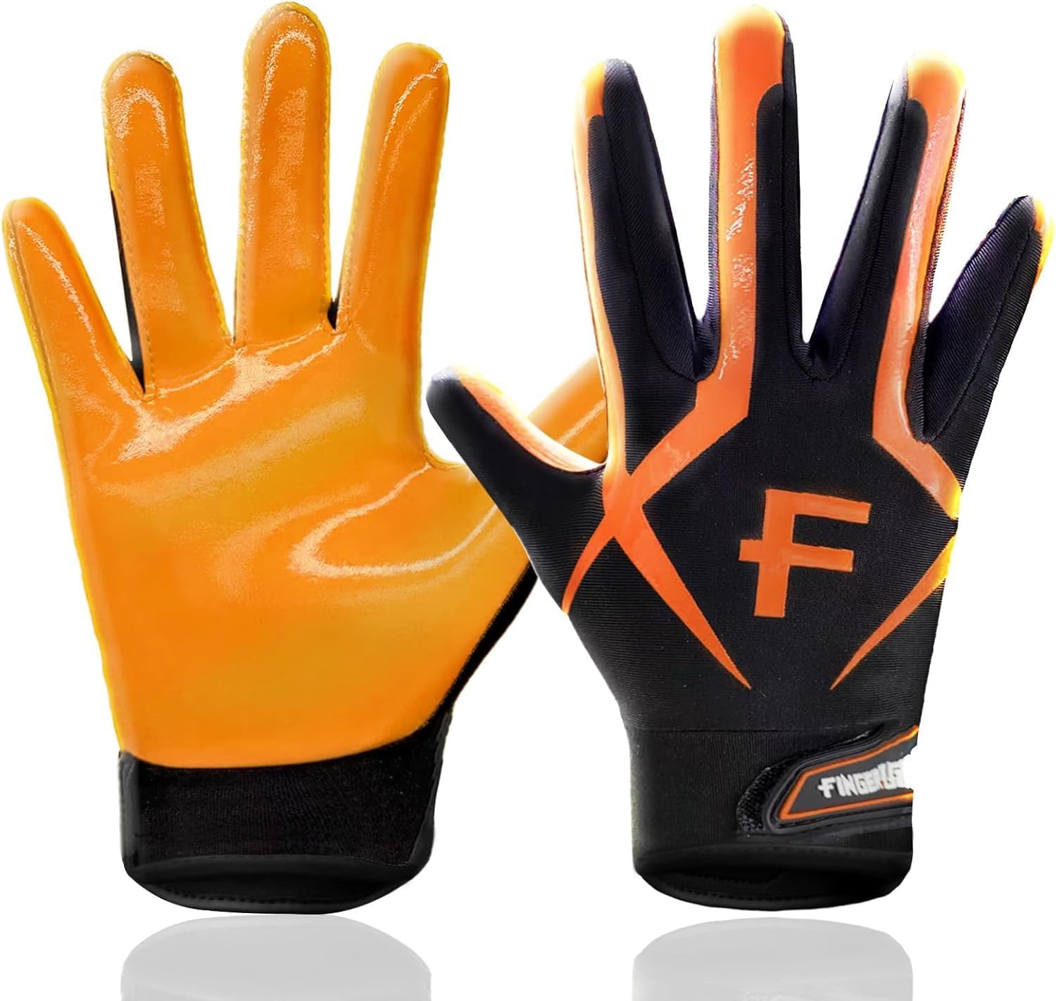 FINGER TEN American Football Gloves Youth Kids Ultra Tack Sticky Non-Slip Palm Receivers, Rugby Gloves for Boys Girls Flexible Stretch Protection Fit Children Age 5-14 (Orange, Large)