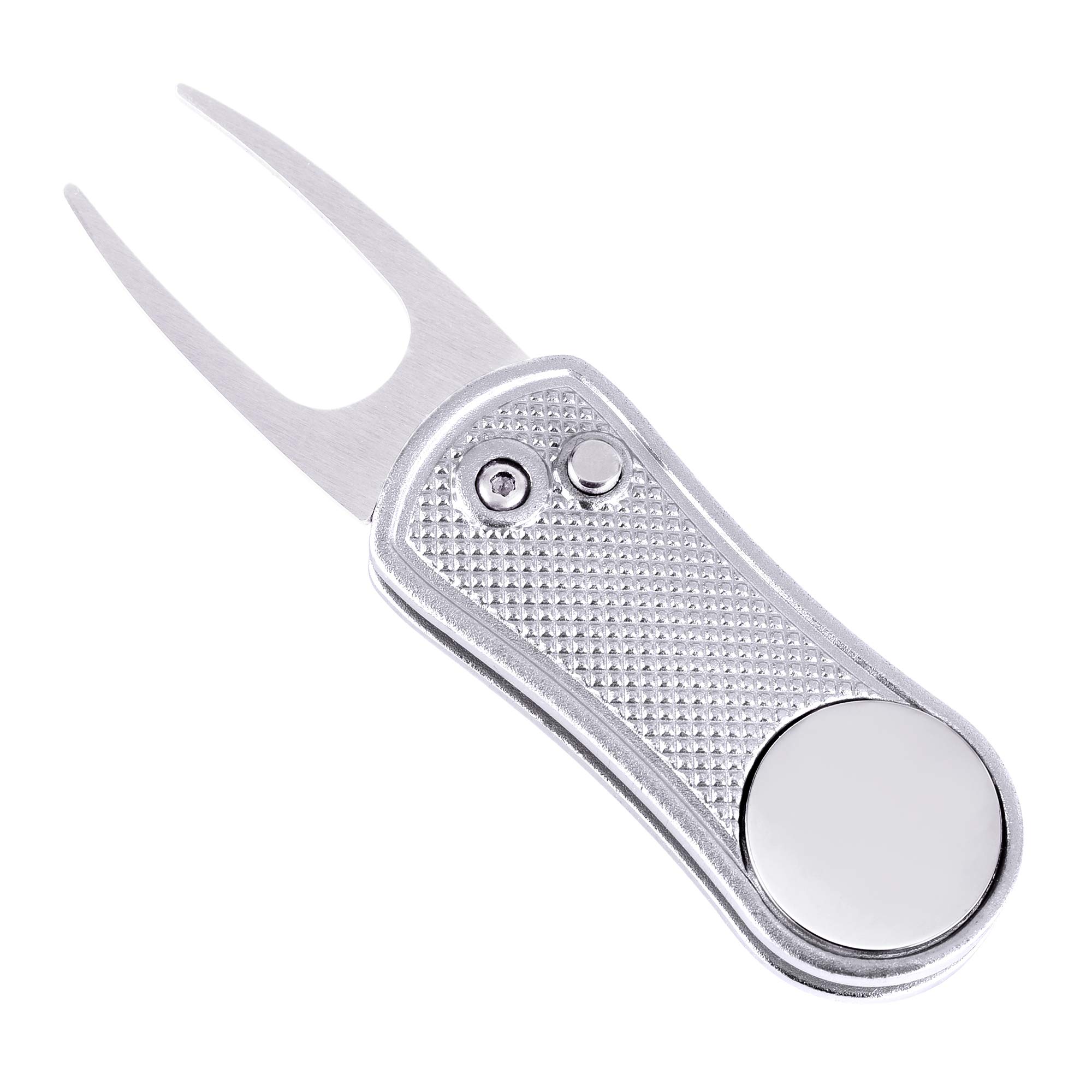 Mile High Life All Metal Foldable Golf Divot Tool with Pop-up Button & Magnetic Ball Marker (Silver Fish)