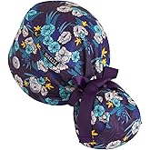 Scrub Caps Women Ponytail – Purple Bloom Floral Double-Sided Printed Surgical Hat with Buttons and Sweatband, Soft Nurse Cap for Long Hair, Helps Reduce Static Buildup