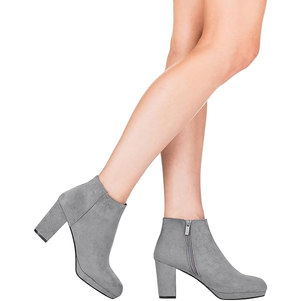 ILLUDE WOMEN’S ANKLE BOOTIE SIDE ZIP COMFORTABLE BLOCK HEEL CHUNKY PLATFORM ANKLE BOOTS (11, GREY SUEDE)