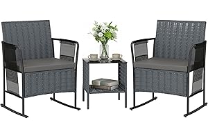 Outsunny 3 Piece Patio Furniture Rocking Bistro Set Outdoor Rocking Chairs with Side Pockets, Mesh Seat, Cushions, 2-Tier Tab