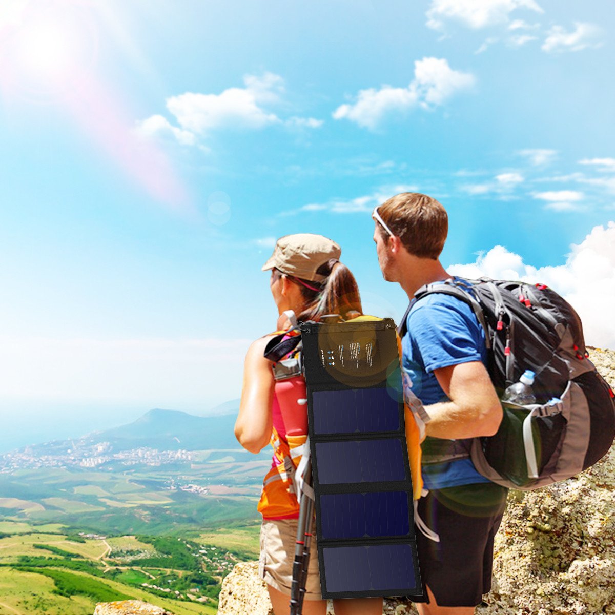 POWERADD Panel Solar 24W Portatil Cargador Solar Plegable con 2 USB de Salida Puertos 5V/2.4A para Dipositivos Móviles USB Recargables