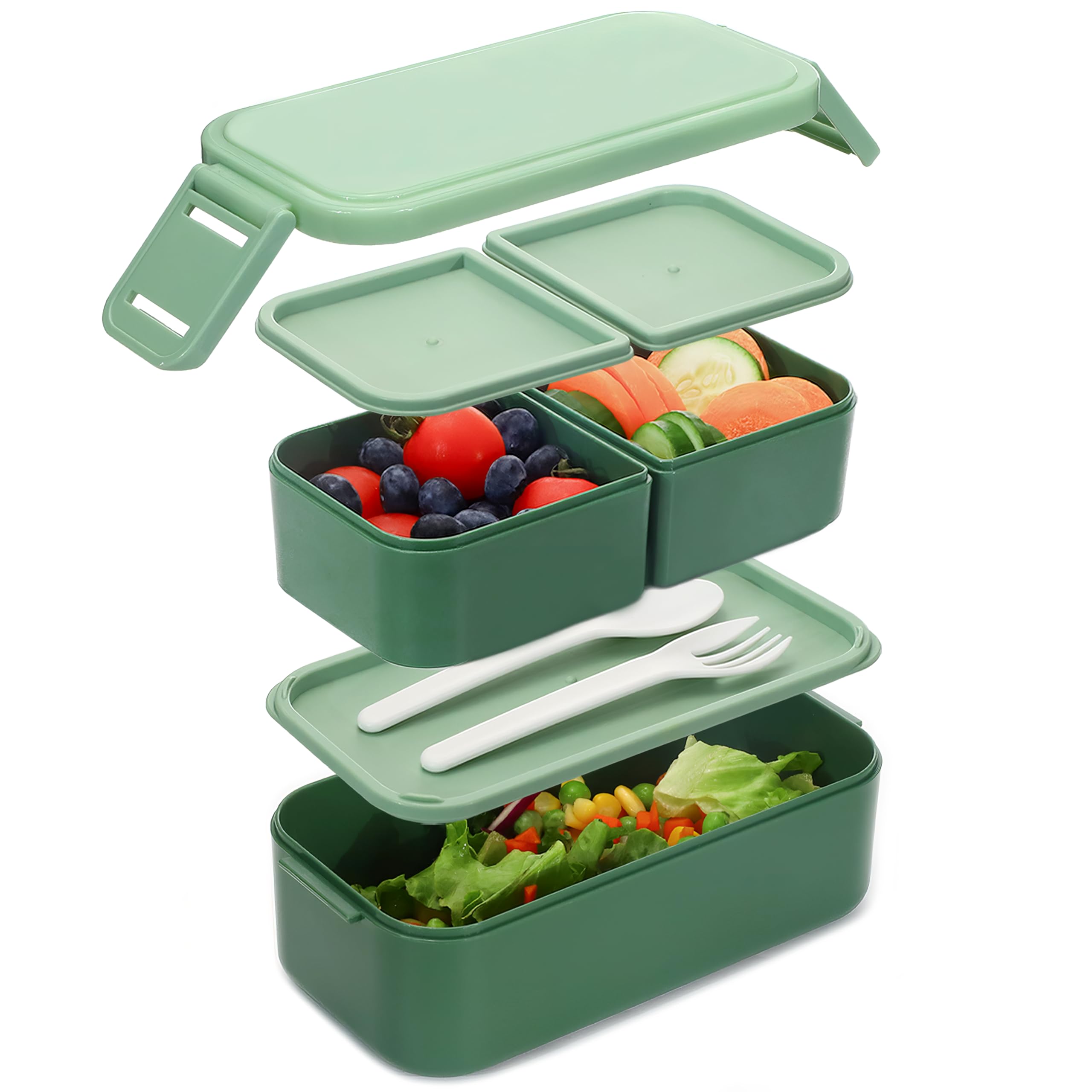 Bugucat Bento Lunch Box 1300ML,2 in 1 Stackable Lunch Box Bento Boxes,2 Layer 3 Compartments Leak Proof Lunchbox for Adults Kids,Snack Box Lunch Box with Compartments for School Office Camping Green — image 1