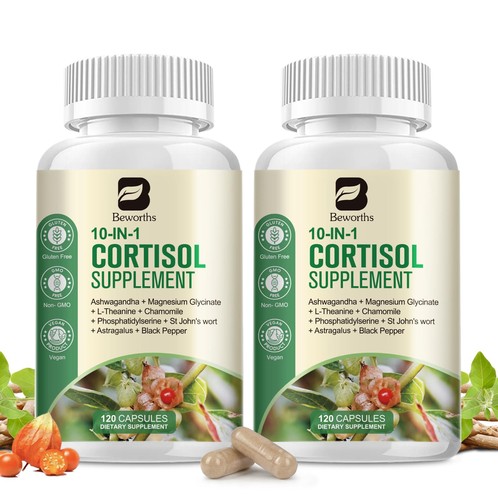 (2 Pack) Cortisol Manager Supplement for Women & Men - Stress Manage with Ashwagandha 20:1, Magnesium Glycinate, L-Theanine & Rhodiola, Vegan Cortisol Balance, Nighttime Relaxation, 120-Day Supply