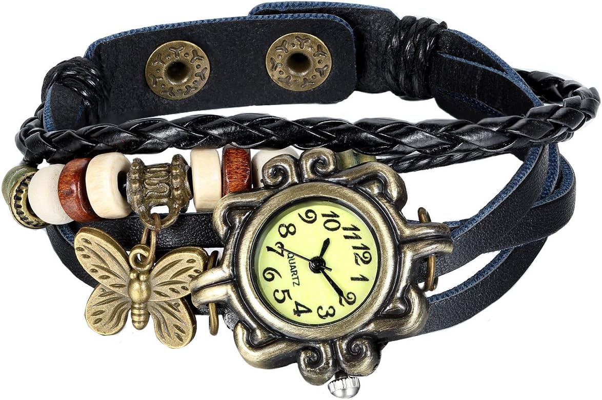 JewelryWe New Women Wristwatch Butterfly Quartz Vintage Weave Wrap Leather Strap Girl Lady Bracelet Watch
