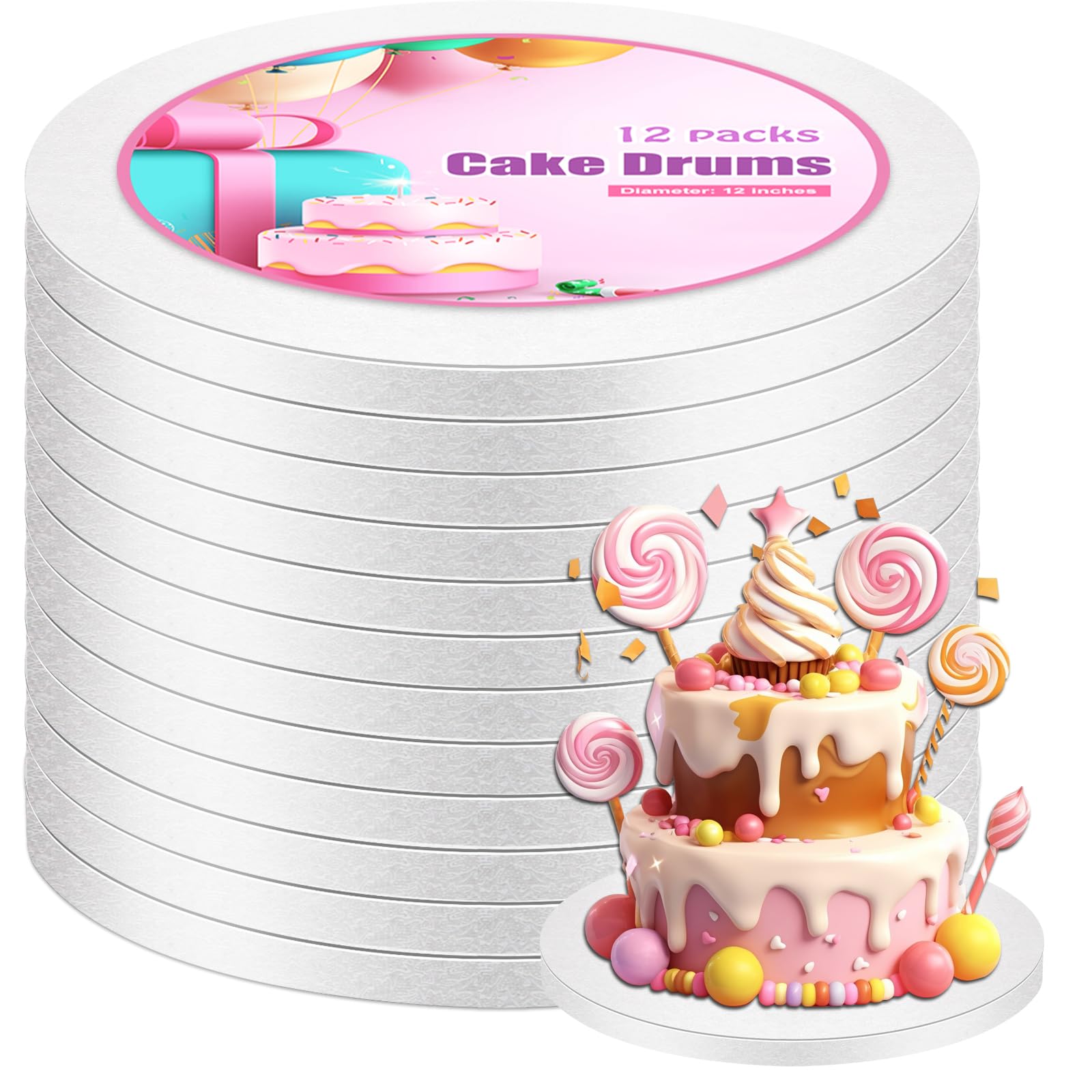 Photo 1 of 12 Pack 8 inch Round Cake Drums,1/2" Thick Sturdy White Cardboard Base Food Grade Grease Proof Recyclable Smooth Edged for Tiered Cakes,Weddings,Birthdays & Desserts