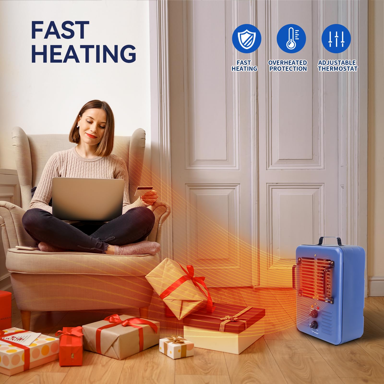 Milkhouse Space Heater, 1300W/1500W Heater with Thermostat, 3 Heat Settings, Safe and Quiet Heater, Anti-Freezing Setting for Garage Workshop Warehouse, Blue