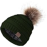 Zando Satin Lined Winter Hats for Women Beanies Women Satin Lined Beanie with Pom Pom Beanie Warm Winter Hat Knit Hats