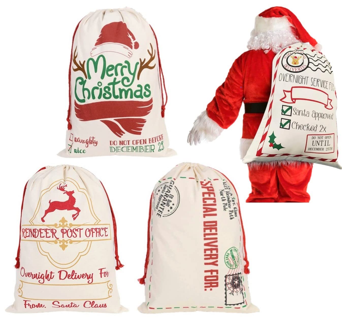 LATERN 3Pcs Christmas Bags Gifts Bags Santa Sack Canvas Bag with Red Drawstrings - 3 Styles Christmas Elk Express Delivery Bags Extra Large Size 70 x 50cm