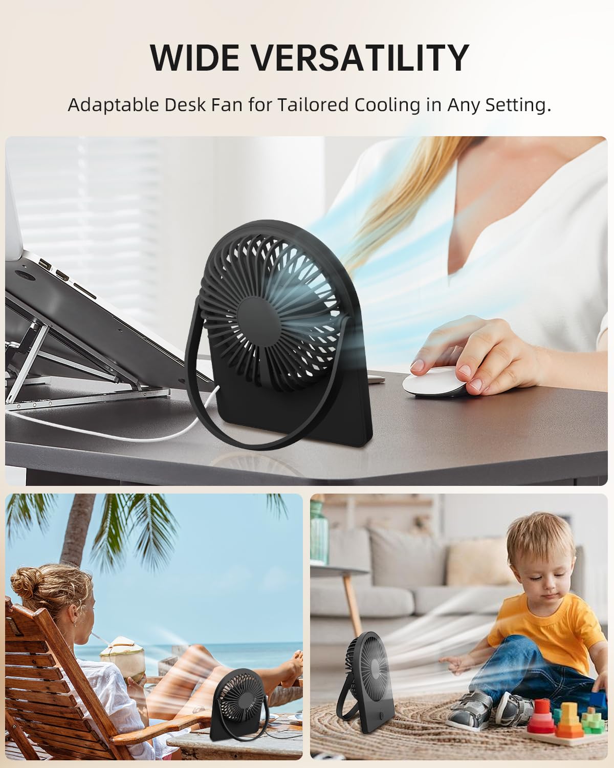 Portable USB Desk Mini FAN, USB-A Corded Powered Small Personal Fan, Foldable Office Desk Accessories for Home, Desktop, 3-speed Hangable Cruise Essentials with Strong Wind, Black