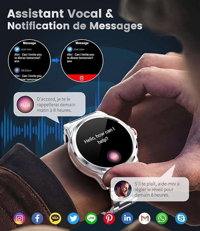Smartwatch für Herren, Militär, mit Bluetooth-Anruf, 1,43 Zoll AMOLED Smartwatch mit 3 Armbändern, wasserdicht 5 ATM, 110 + Sportmodi, Herzfrequenz / SpO2/Schlafüberwachung, Android iOS — Foto 4 von 8
