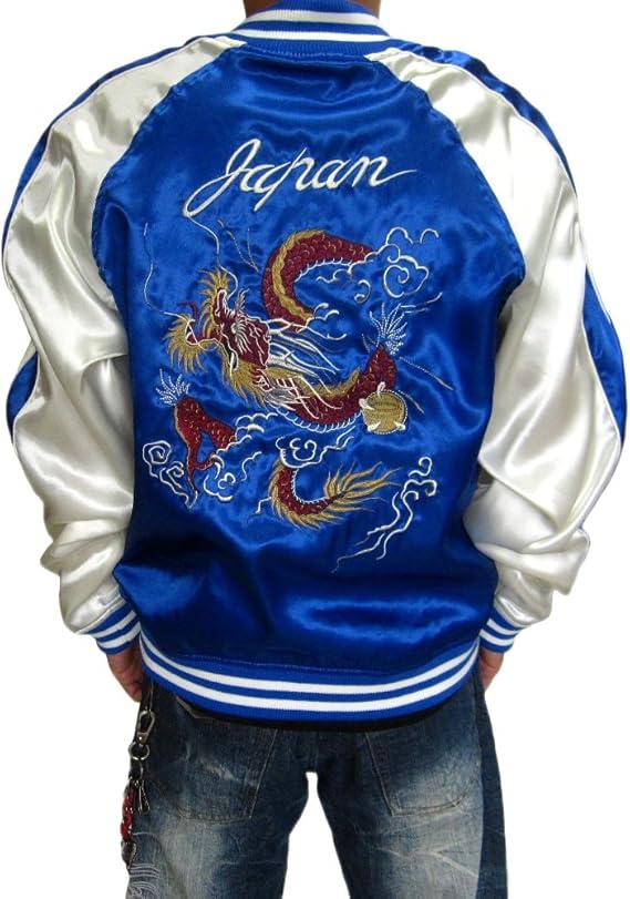 Amazon 空竜 Msk034 和柄 スカジャン 悪羅悪羅系 オラオラ系 黒 青 赤 竜 刺繍 サテン 中綿なし サテンスカジャン 横須賀ジャンバー 長袖 ジップアップ フルジップ メンズ Zip L 青 コート ジャケット 通販