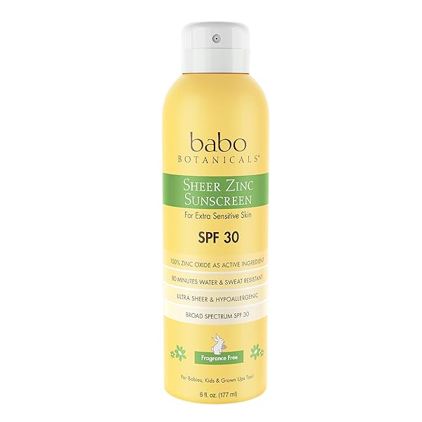 BABO BOTANICALS SHEER ZINC CONTINUOUS SUNSCREEN SPRAY SPF30 – NATURAL ZINC OXIDE – EXTRA SENSITIVE SKIN – WATER RESISTANT – VEGAN – FRAGRANCE-FREE – AIR-POWERED SPRAY – FOR ALL AGES
