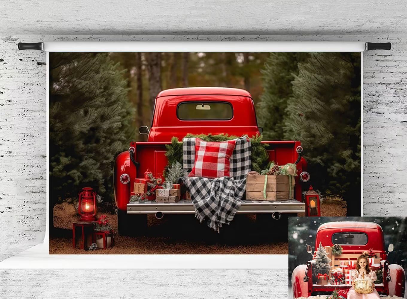Photo 1 of Christmas Truck Photography Backdrop Kate Santa Outdooer Camp Background Red Christmas Family Photography Prop, 10x8ft