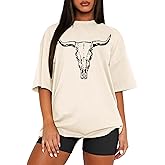 MAPICK Women Boho Cow Skull T-Shirts Western Cowgirls Graphic Crewneck Shirts Country Concert Short Sleeve Outfits