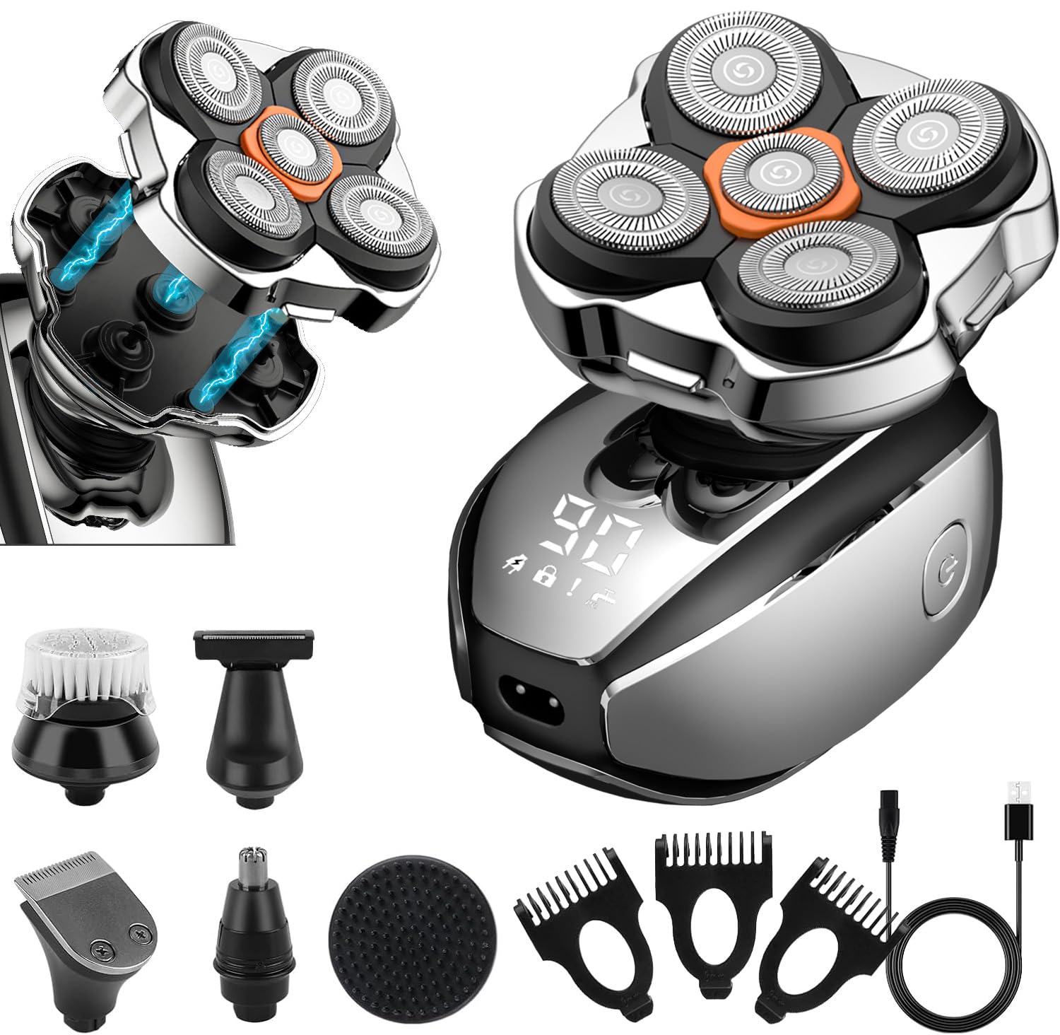 NEW 5 Blades Magnetic Electric Shaver Set Easy Cleaning Save Time Upgraded IPX7 Waterproof Head Shaver, LED Display, USB-C Rechargeable Electric Razor, Cordless Rotary Shaver with Pop-up Trimmer