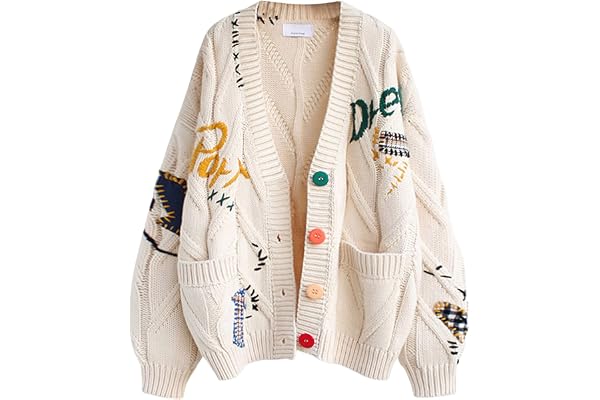 Women's Cable Knit Long Sleeve Open Front Cardigan Sheep V-Neck Button Down Embroidery Wool Blend Sweater Coat Outwear