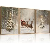 LHIUEM Christmas Santa Reindeer Framed Canvas Wall Art Set,Vintage Trees Snowy Wall Decor,Sleigh Deer Forest Winter Wall Printing for Living Room,Bedroom,Dining Room,Office -16