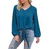 VIISHOW Womens Tie Front Knot Lartern Sleeve Loose Fit V Neck Floral Blouses Chiffon Tops Shirts