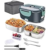 Buddew Electric Lunch Box 80W Food Heater with Dual Container, Portable Lunch Warmer for Adults, Upgraded Heated Lunch Box for Car/Truck/Office (GREEN-Dual Container)