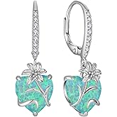 YL Heart Dangle Earrings for Women Sterling Silver Lily Flower Leverback Earrings Created Opal Flower Jewelry
