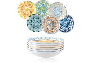 Ceramic Pasta Bowls Salad Bowl - Porcelain Serving Bowl Set of 6-8" Wide and Shallow Soup Bowls Plates Set - Microwave and Di