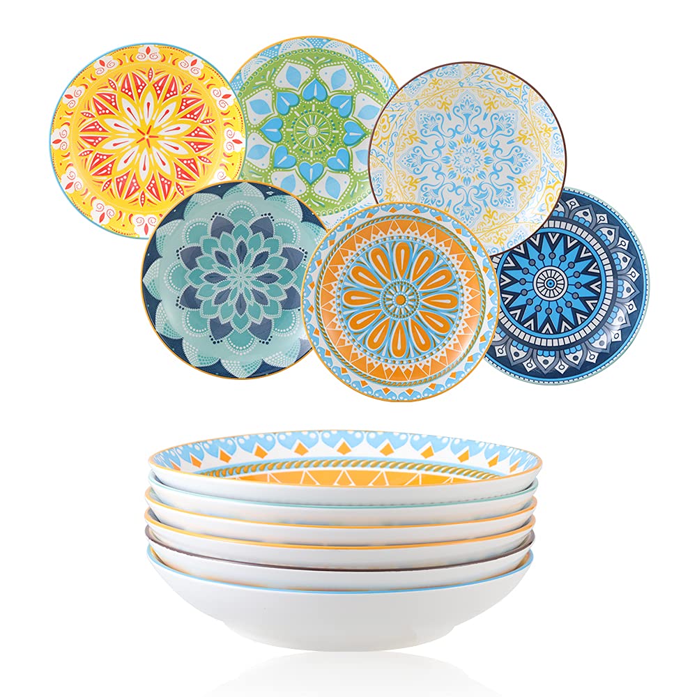 AHX Pasta Bowls Set of 6, 23 oz Shallow Ceramic Bowls for Pasta, Salad, Soup & More - Microwave, Dishwasher & Oven Safe - Colorful Pasta Bowls