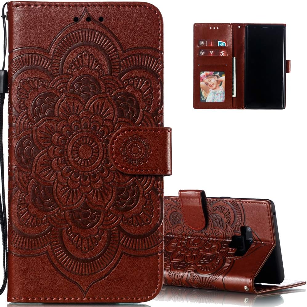 LEECOCO Galaxy Note 9 Case Mandala Embossing Luxury PU Leather Flip Notebook Wallet Bookstyle Magnetic Stand Card Slot Folio Bumper Protection Cover for Samsung Galaxy Note 9 Mandala Brown LD