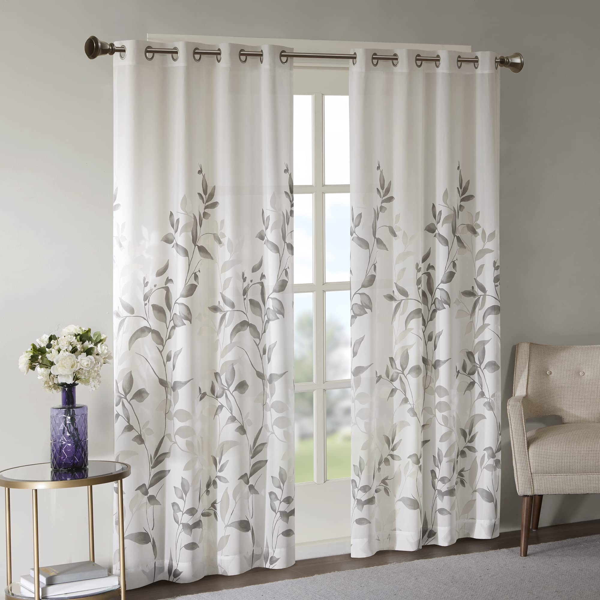 Photo 1 of Madison Park Cecily Semi Sheer SINGLE Panel Window Curtain Burnout Botanical Print, Easy To Hang, Fits up to 1.25" Diameter Rod, 50x84", Leaves Grey (Pack of 1)