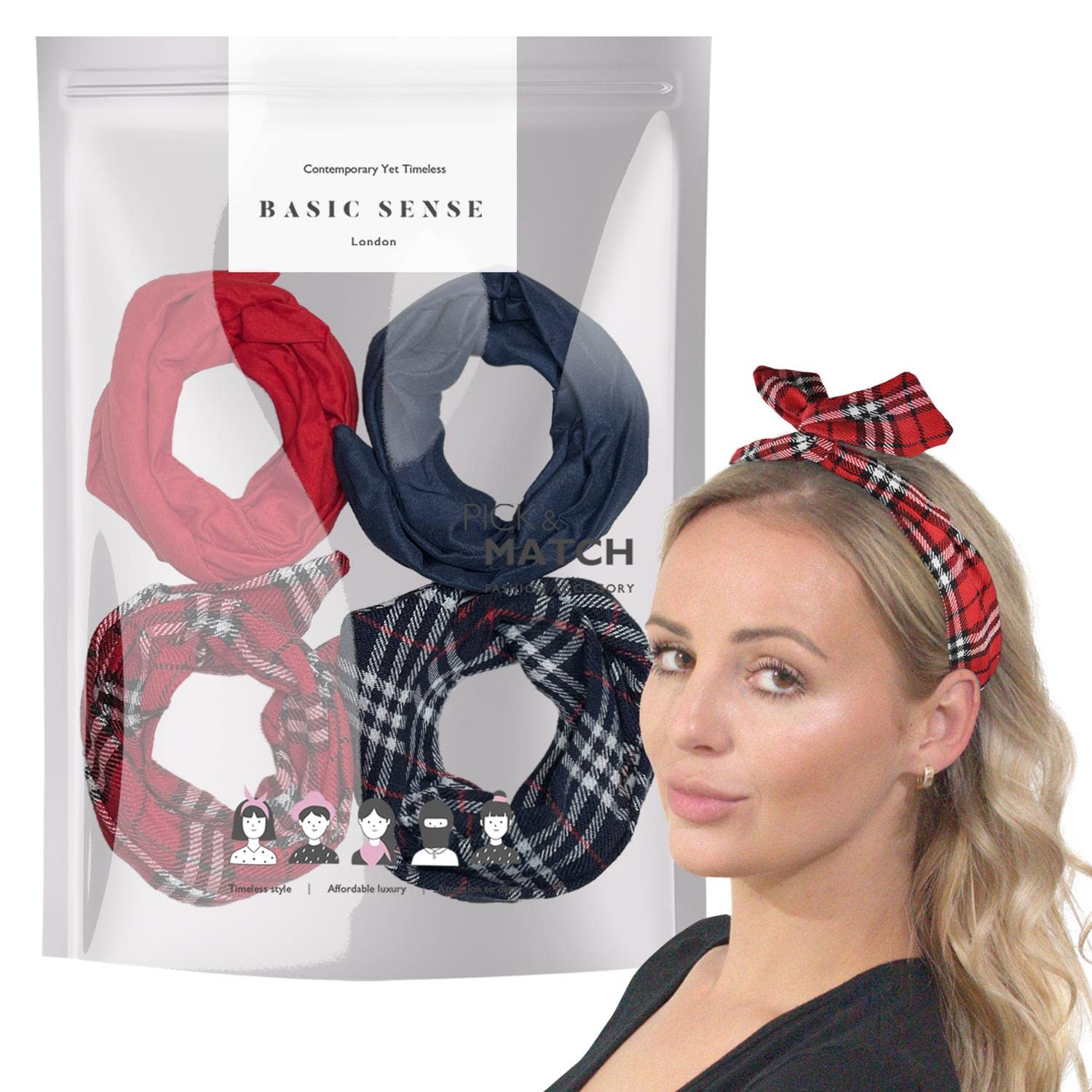BasicSense 4PCS Tartan Check & Plain Wire Headband Set for Girls, Women Flexible bunny ears pin up look