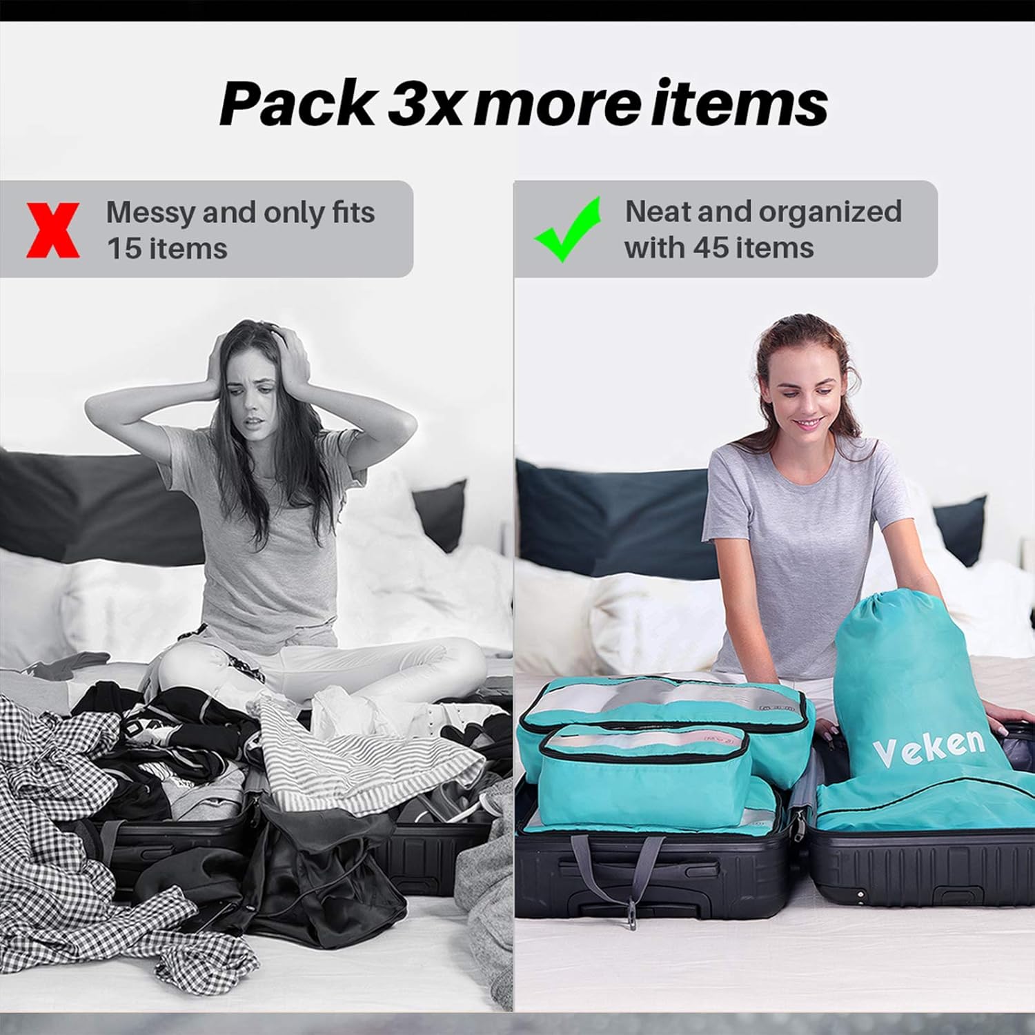 | Veken 6 Set Packing Cubes, Travel Luggage Organizers with Laundry Bag & Shoe Bag (Teal) | Packing Organizers