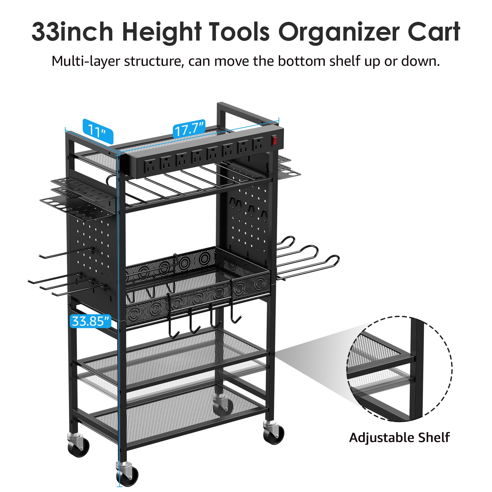 Power Tool Organizer Cart With Charging Station - Rolling Garage Storage, 6 Drill Holders