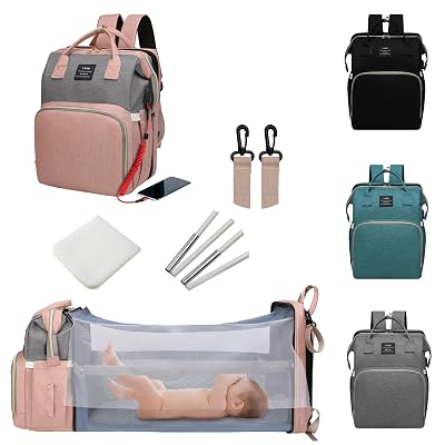ANWTOTU Baby Diaper Bags with Changing Station,Waterproof Diaper Bag Backpack for Moms Dads with USB Charging Port,Large Capacity Multifunctional Baby Essentials(Pink-Grey)