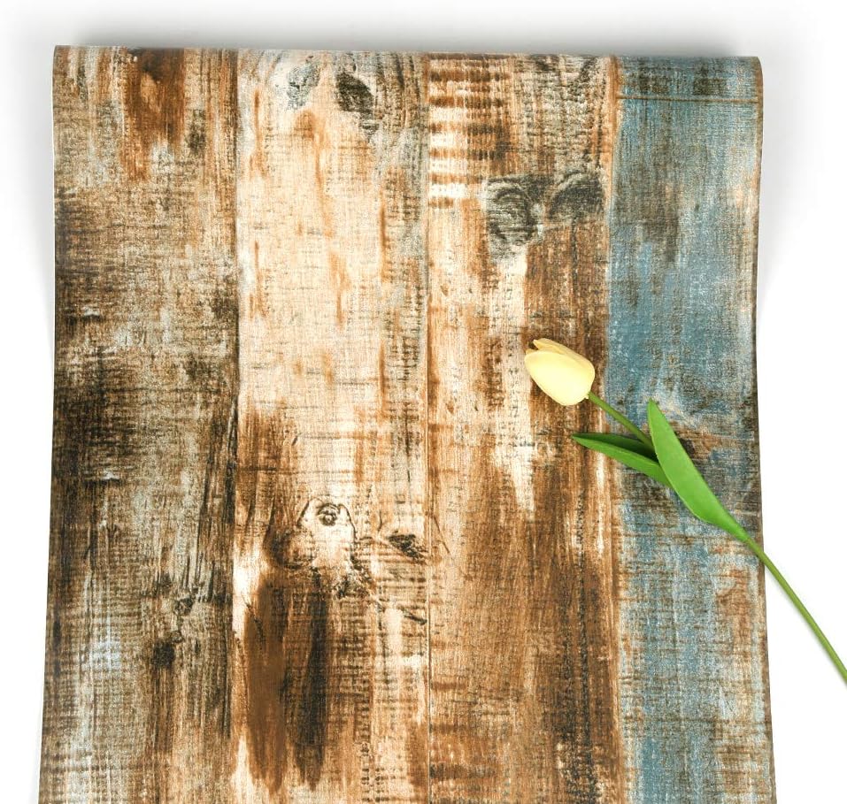 Wood Wallpaper Brown Self-Adhesive Stripe Streak Peel and Stick Grain Contact Paper Rustic Removable Roll for Kitchen Door Cabinet Bar Counter Bedroom 45x500 cm