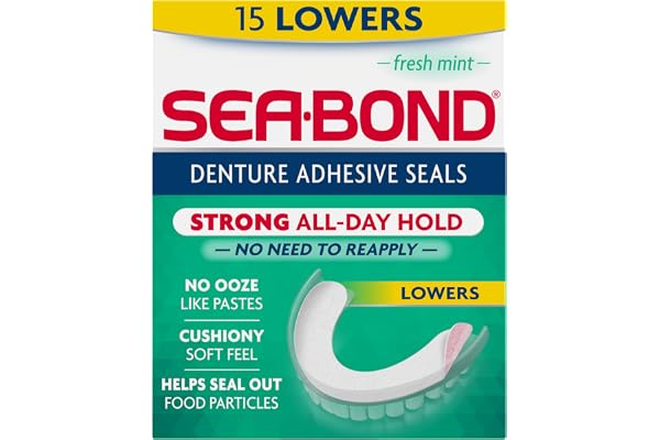 Sea Bond Secure Denture Adhesive Seals, Fresh Mint Lowers, Zinc-Free, All-Day Hold, Mess-Free, 15 Count