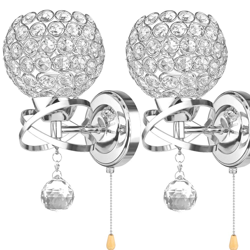 ALLOMN Modern Style Wall Lamp, Crystal Pendant Walls Lamp Bedroom Aisle Living Room Wall Lamps Holder E14 Socket (Bulb Not Included) (With Pull Switch, 2 Pack)
