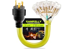 Campzlly 30 Amp to 20 Amp 110 Generator RV Adapter Cord, NEMA L5-30P to 3X 5-15R/5-20R Distribution Adapter with Lighted Power Indicator, STW 10 AGW, 1.5FT, ETL Listed