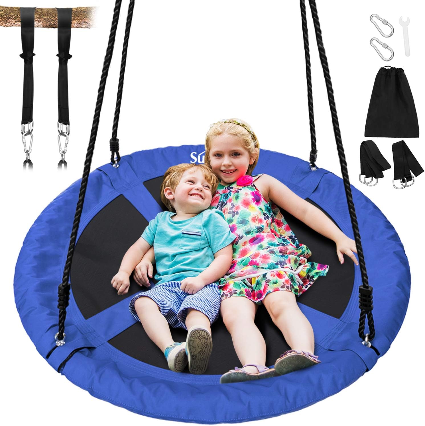 Sunkorto 40 Inch Flying Saucer Tree Swing, Round Indoor Outdoor Swingset with Hanging Strap Kit, 600lb Weight Capacity, Steel Frame & Adjustable Rope, Easy Install Swing Set for Kids Adults, Blue