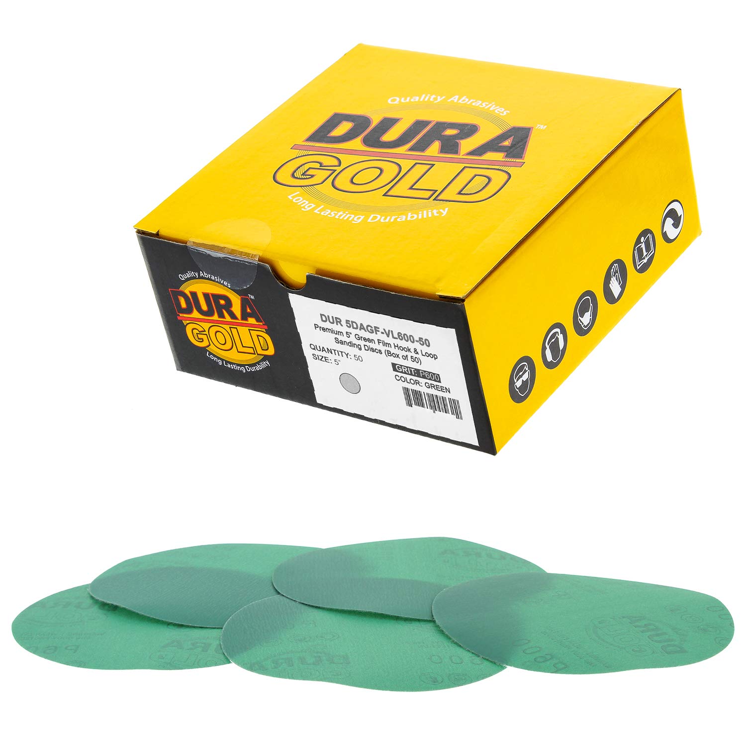 Dura-Gold - Premium Hook & loop - 600 Grit 5" Green Film - Hook & Loop Sanding Discs for DA Sanders - Box of 50 Sandpaper Finishing Discs for Automotive and Woodworking