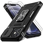 DEERLAMN Case for iPhone 12/12 Pro with Slide Camera Cover+Screen Protector(2 Packs),Rotated Ring Kickstand Military Grade Shockproof Protective Cover-Black