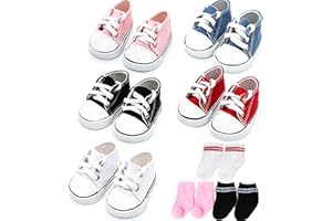 PUHIKE 5 Pairs of Doll Shoes+3 Pairs of Socks, Doll Canvas Shoes for 18-Inch Dolls American Dolls Accessories Low-Top Doll Canvas Sneakers with Laces for 18 Inch Boy or Girl Dolls 18 Inch Doll Accessories