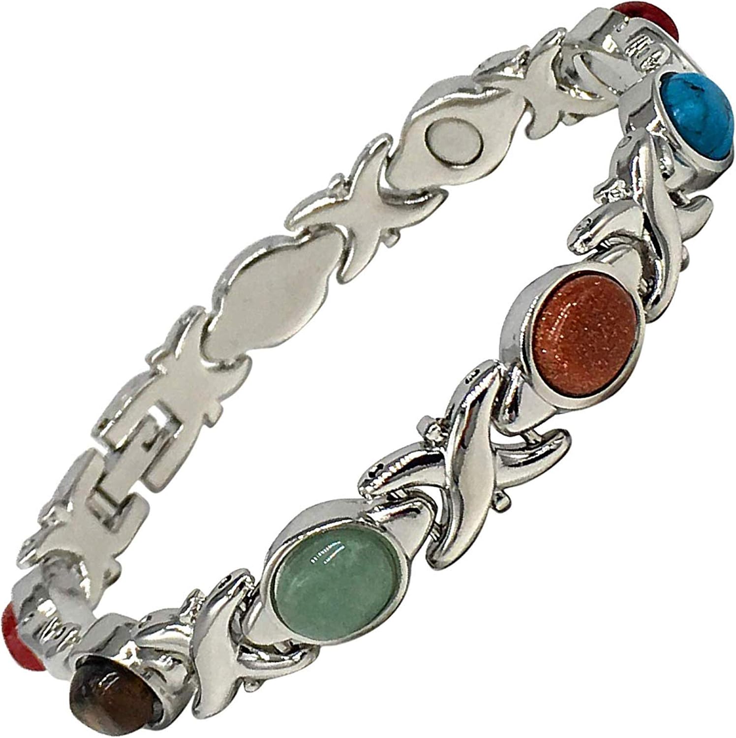 Helena Rose Ladies Magnetic Bracelet For Women, Semi-Precious Blue Red Green Gemstones