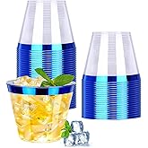 QPEY 50 Pack Blue Rimmed Plastic Cups - 9 Ounce Premium Clear Disposable Party Cups for Holiday Gathering or Wedding - Elegant (Blue)
