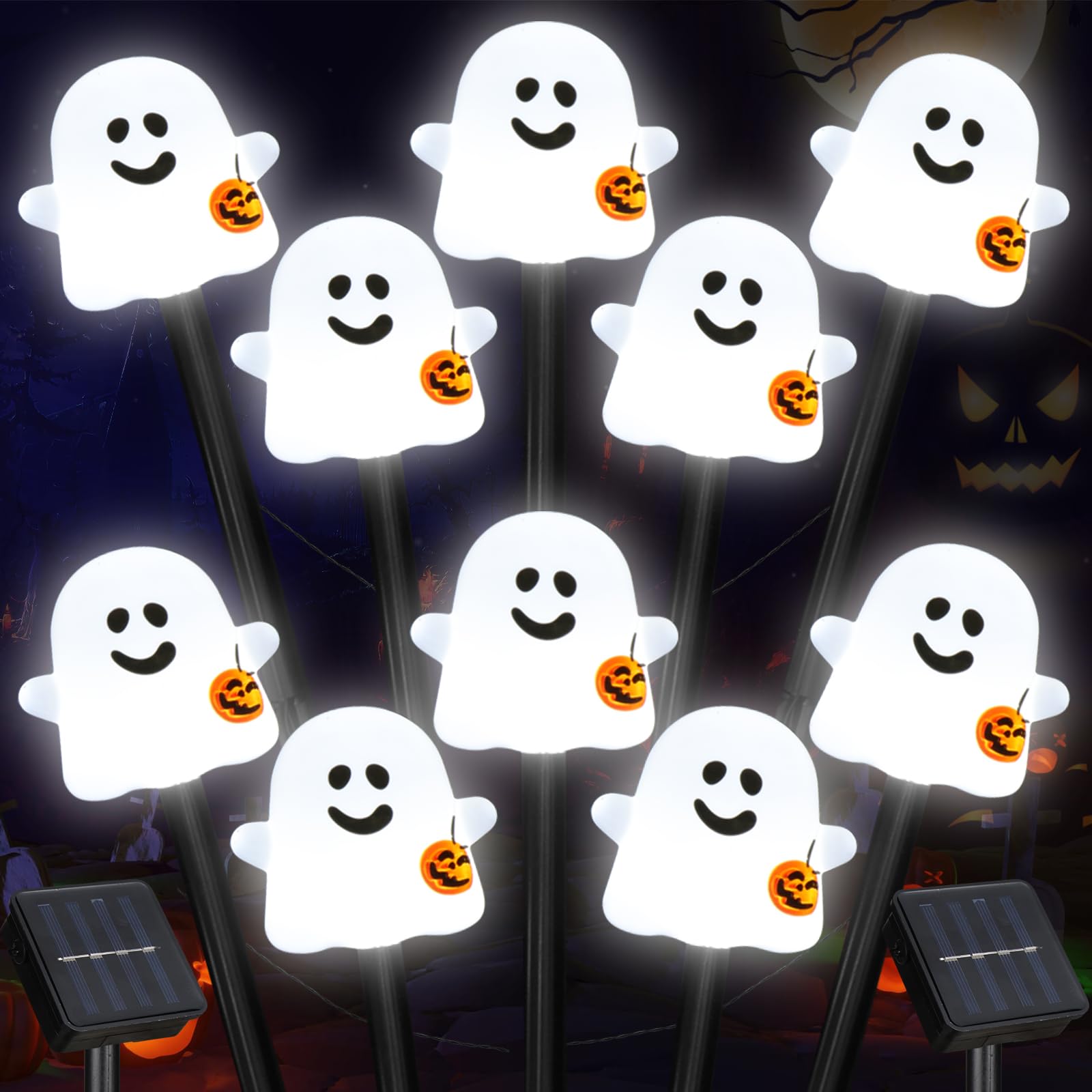 Photo 1 of Solar Halloween Ghost Pathway Lights, 10 Pack Ghost Stake Lights with Pumpkin Design, Durable Waterproof Outdoor Halloween Decoration for Garden, Walkway, and Yard (Cold White)