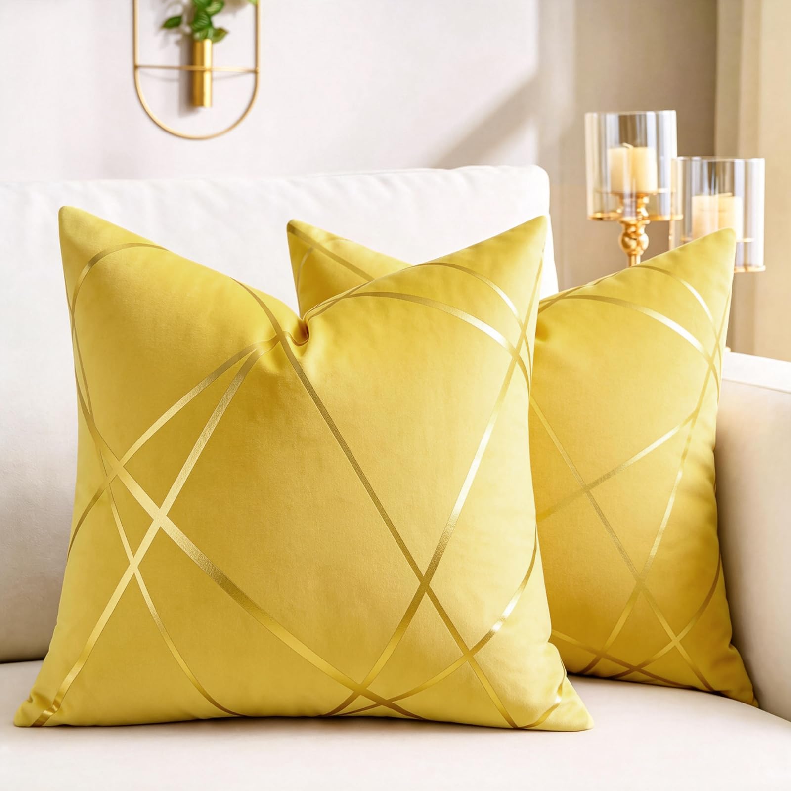 DecorMommt Velvet Cushion Cover Yellow Throw Pillow Covers Geometric Pattern Square Decorative Soft Home Gold Lines Sofa Cushions for Bedroom Living Room 40 x 40 cm 16 x 16 Inch Pack of 2 — image 1