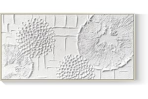 GEEKMACRO Large White Textured Canvas Wall Art - Hand Painted Dandelion Floral Oil Painting Contemporary Abstract Art Minimalist Framed Artwork for Living Room 48x24 Horizontal Wall Decor
