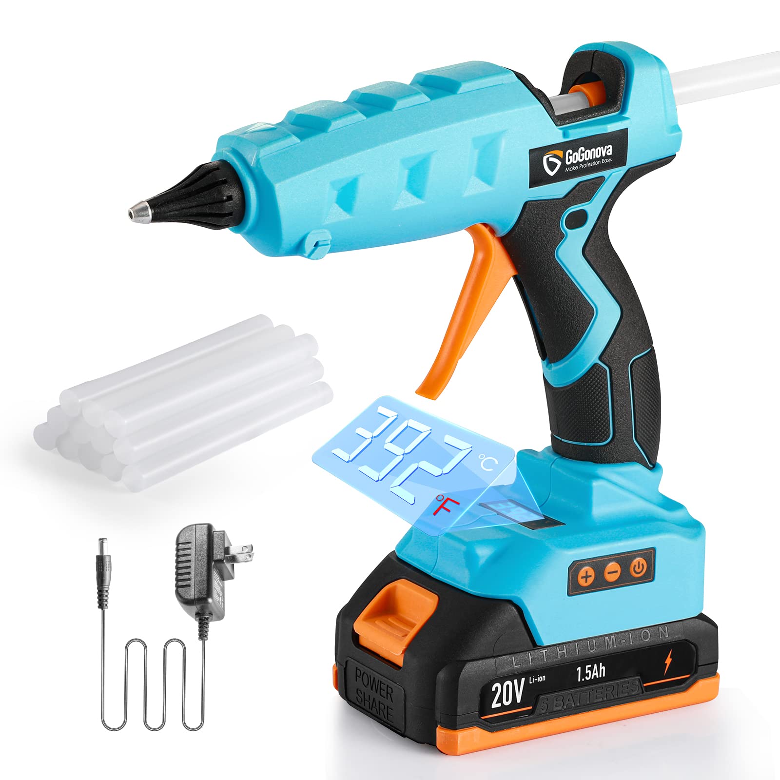 Photo 1 of *MISSING CHARGER* Full Size Cordless Glue Gun, GoGonova 20V Temp Adjust LCD Digital Display Fast Heating Accurate Dual Temp, Dripless Full Size Heavy Duty Hot Gun Kit with 12 Pcs Sticks (Battery Included)