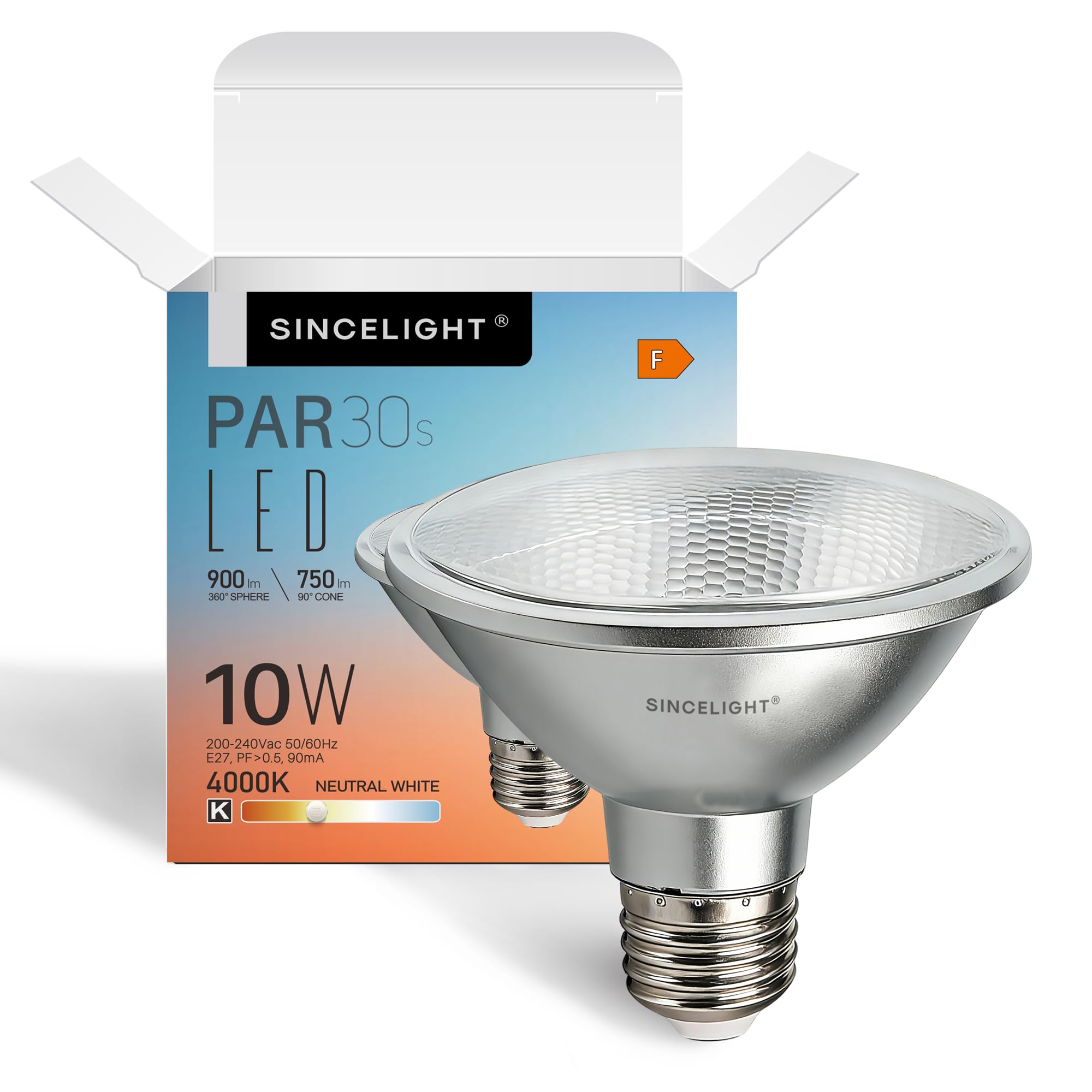 SINCELIGHT PAR30s LED Light Bulb with E27 Base, with 38° Optical Reflector, 10W, Vivid Color RA>92, Neutral White 4000K, 900 Lumens Equivalent to 90W Halogen, Pack of 1